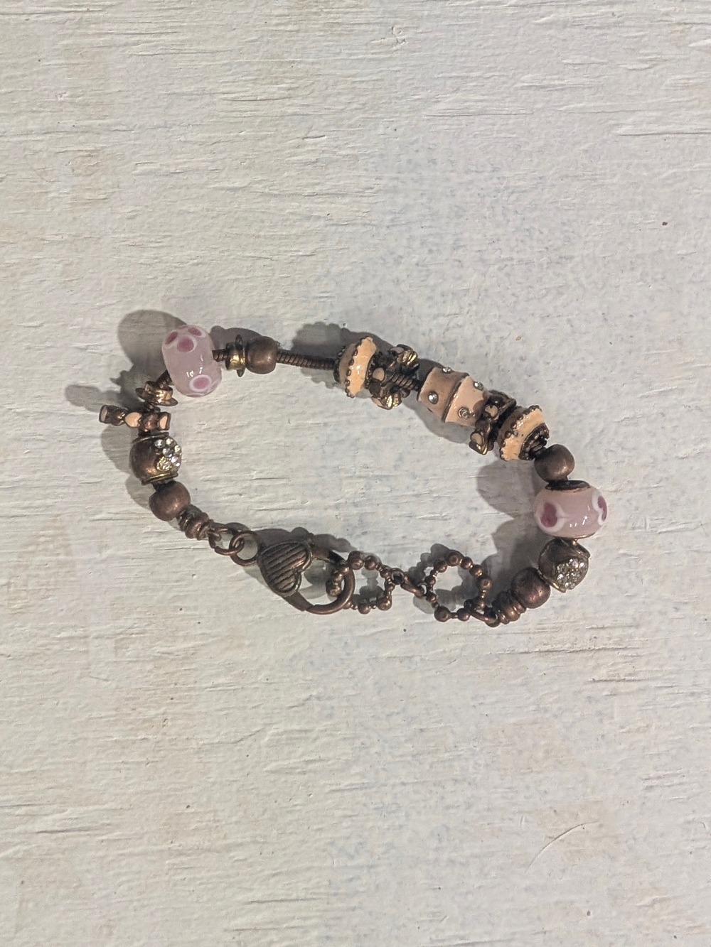 Pink Glass Bead & Antique Copper Bracelet